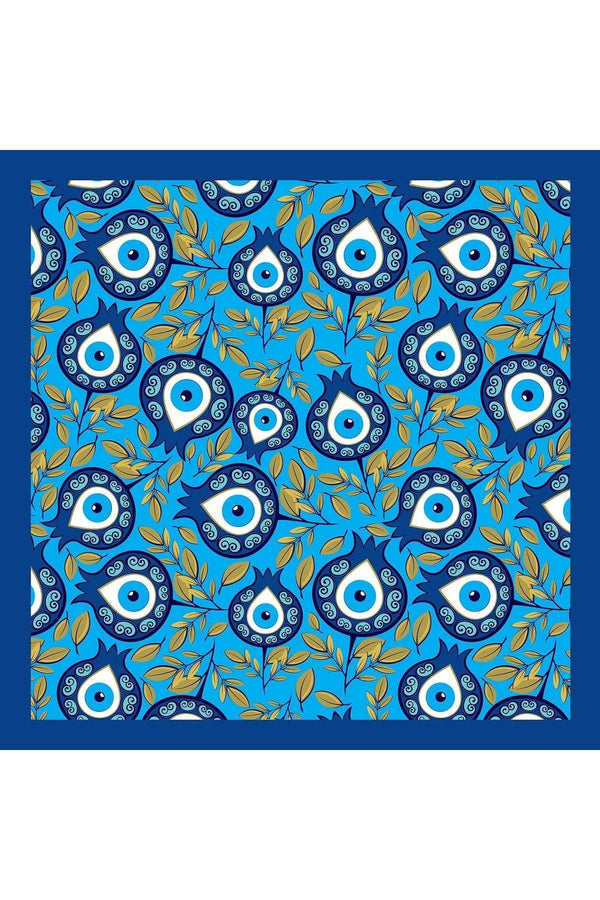 Lale Nazar Desenli Mavi Saten Kumaş Fular Parlak ve Soft ipeksi Bandana