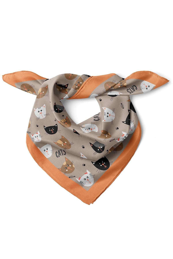 Kedi DesenliKahve Saten Kumaş Fular Parlak ve Soft ipeksi Bandana