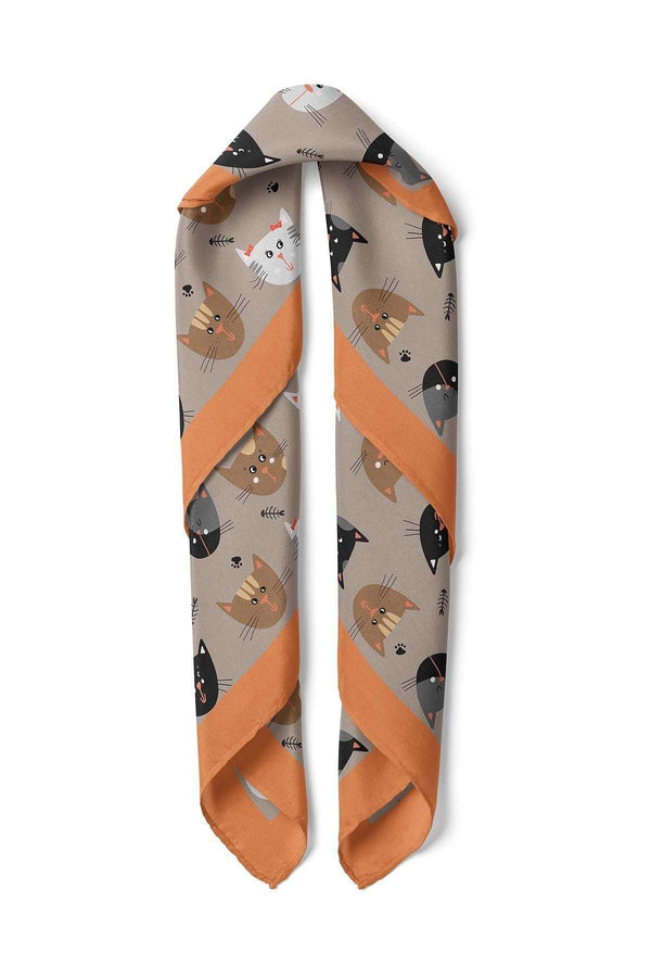 Kedi DesenliKahve Saten Kumaş Fular Parlak ve Soft ipeksi Bandana