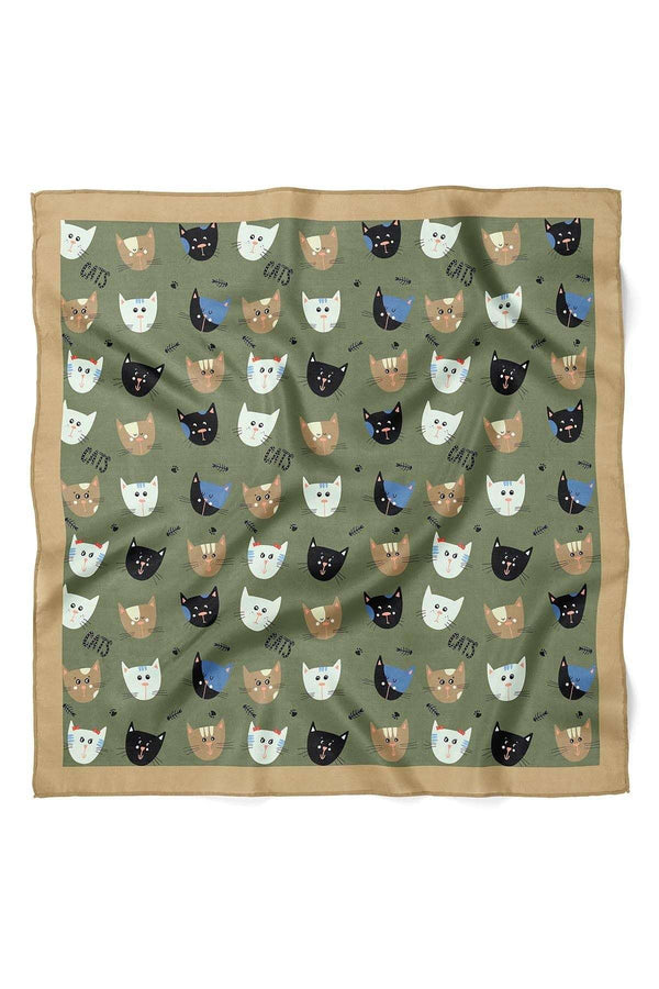 Köpek Desenli Haki Saten Kumaş Fular Parlak ve Soft ipeksi Bandana