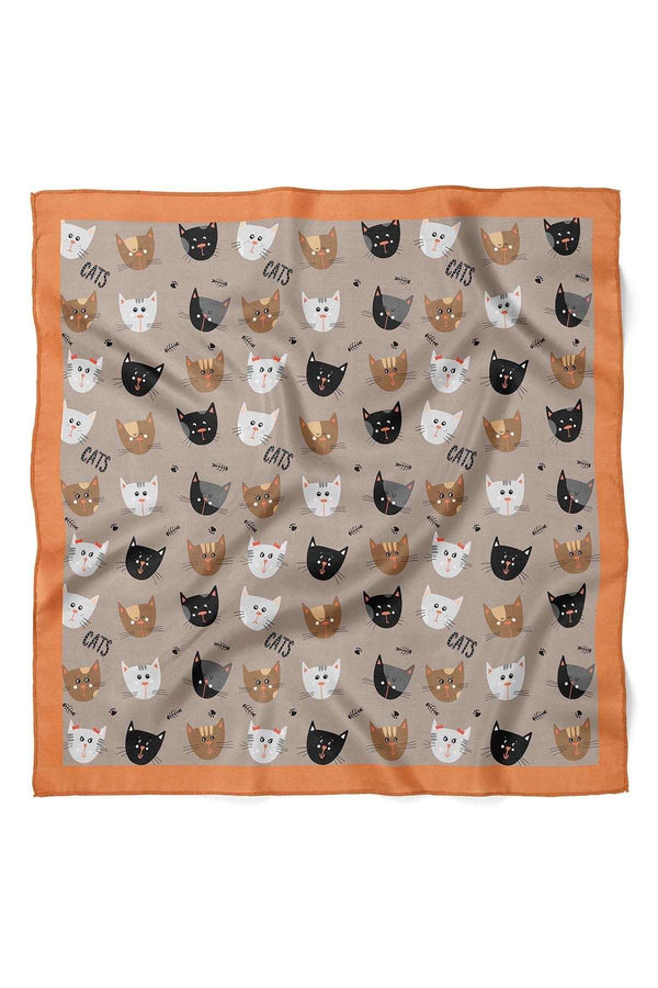 Kedi DesenliKahve Saten Kumaş Fular Parlak ve Soft ipeksi Bandana