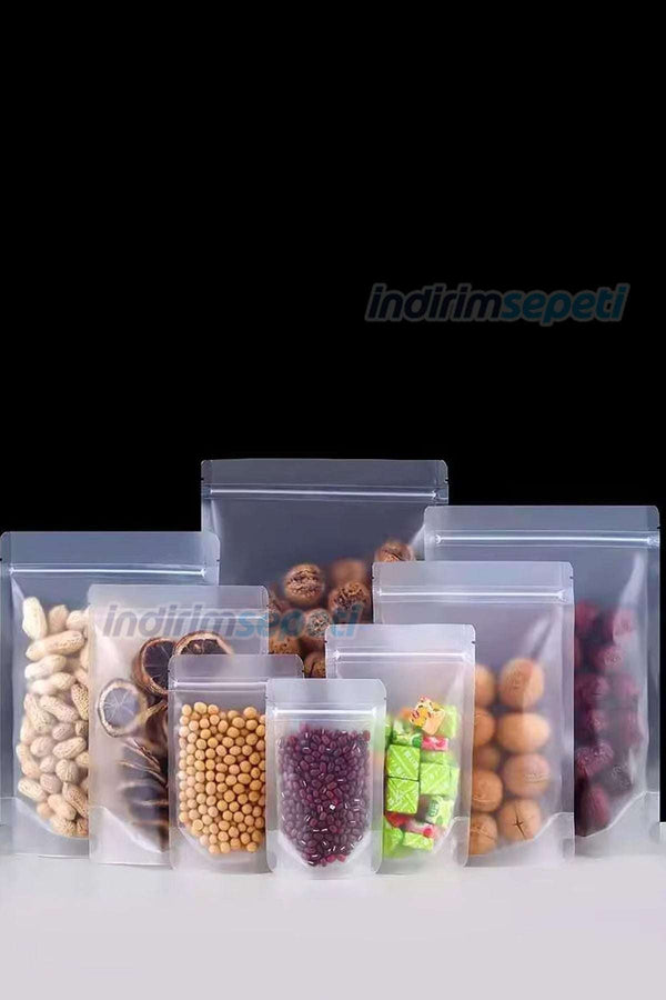 4 Adet Fermuarlı Plastik Gıda Poşeti Buzlu Şeffaf Kilitli Tabanlı 26,5 x 16 cm