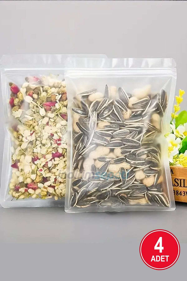 4 Adet Fermuarlı Plastik Gıda Poşeti Buzlu Şeffaf Kilitli Tabanlı 26,5 x 16 cm