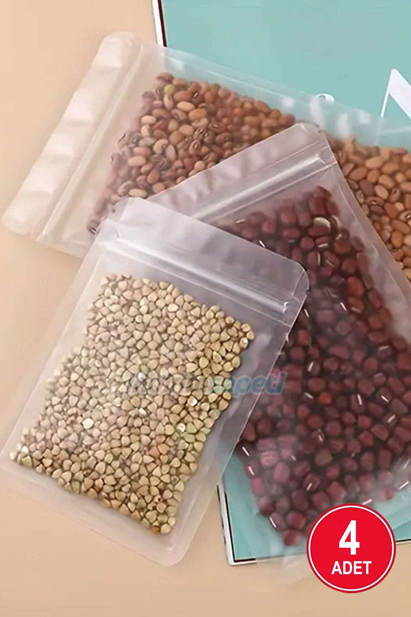 4 Adet Fermuarlı Plastik Gıda Poşeti Buzlu Şeffaf Kilitli Tabanlı 26,5 x 16 cm