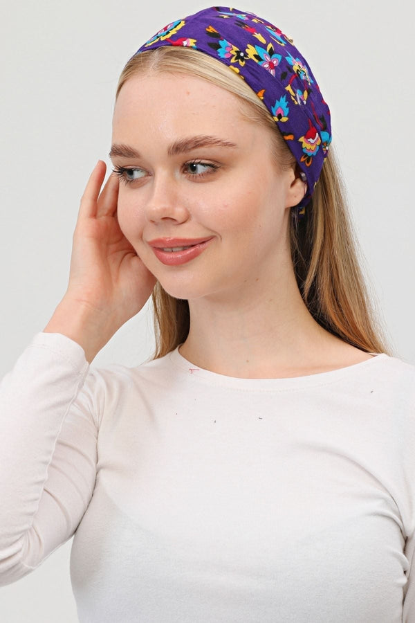 Bandana Çiçek Desenli BoncukluPamuklu Kumaş Paraşüt Lastikli Mor