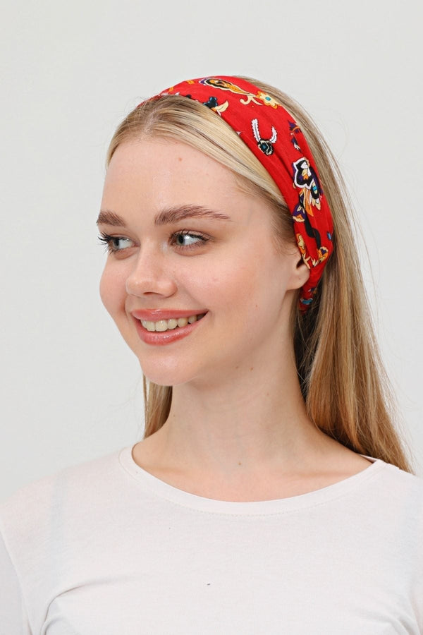 Bandana Çiçek Desenli BoncukluPamuklu Kumaş Paraşüt Lastikli Kırmızı