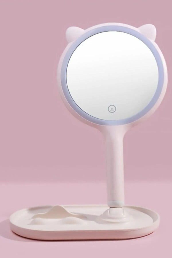 Kedi Kulaklı Telefon Standlı Yuvarlak Dokunmatik Led Ayarlı Masa Üstü Makyaj Aynası