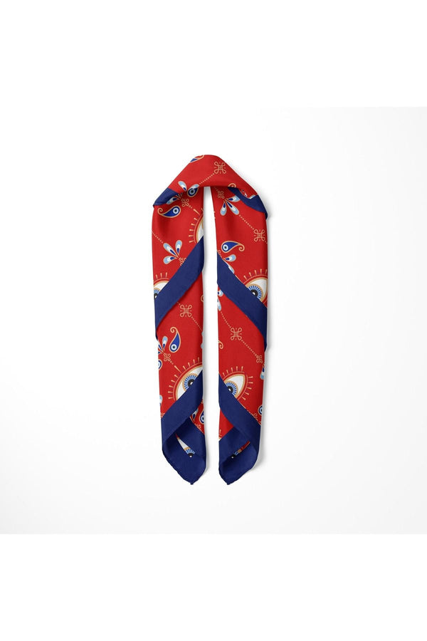 Göz Desenli Kırmızı Saten Kumaş Fular Parlak ve Soft ipeksi Bandana