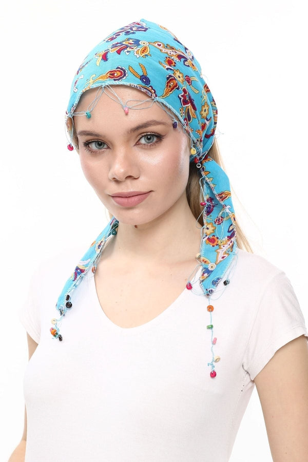 Boncuklu Fular Bandana Çiçek Desenli Mavi