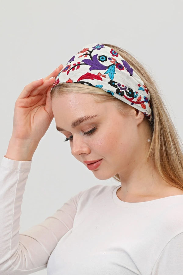 Bandana Çiçek Desenli BoncukluPamuklu Kumaş Paraşüt Lastikli Beyaz