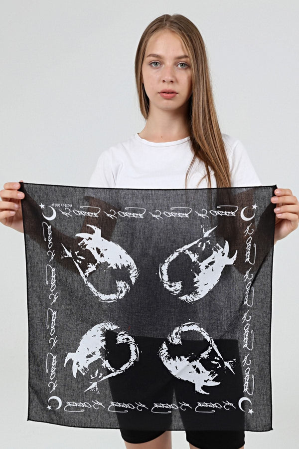Atatürk Portre Ve Imzalı Bandana Fular Siyah Pamuklu