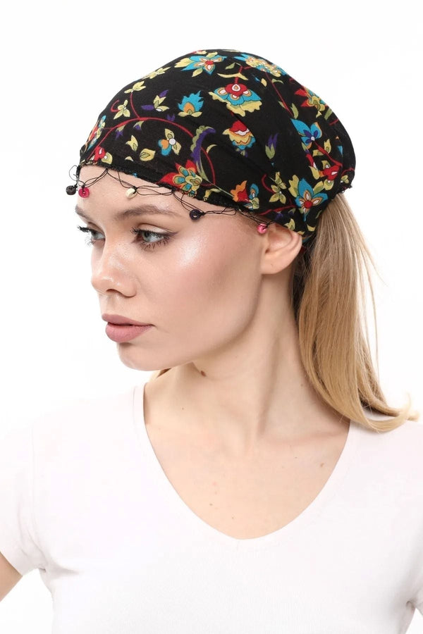 Bandana Çiçek Desenli BoncukluPamuklu Kumaş Paraşüt Lastikli Siyah