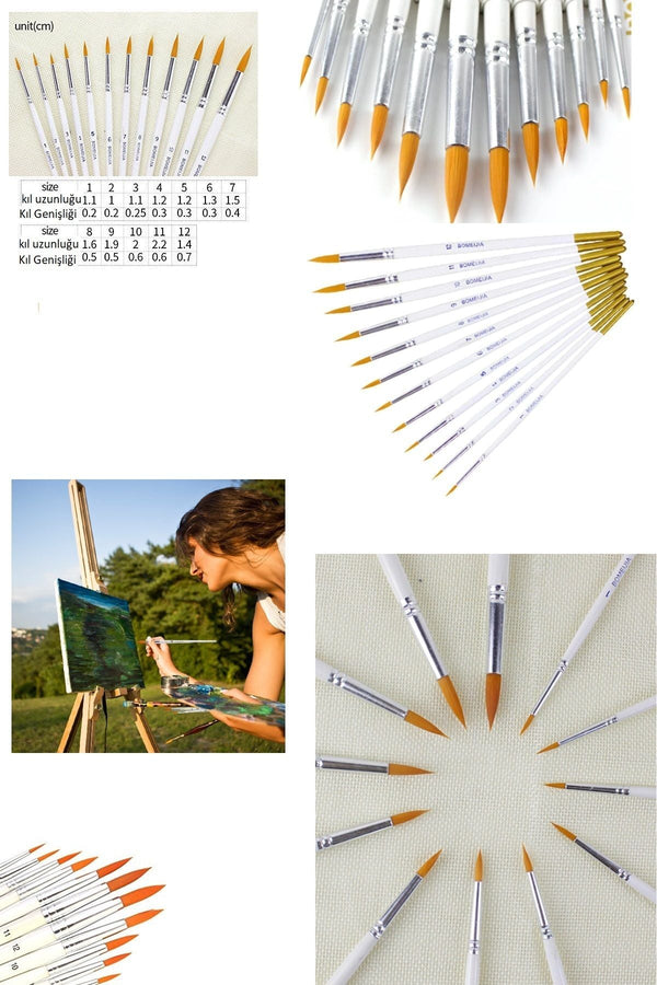 12 Parça Beyaz Sanat Resim Fırçası Akrilik Suluboya Yağlıboya