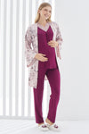 Çiçekli Sabahlıklı Dantelli Yaka Lohusa Pijama Takımı - 3398 Mürdüm