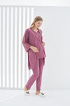 Mürdüm Dantel Detaylı 3lü Kısa Kol ve Sabahlıklı Erdeniz 3402 Hamile Pijama Takımı