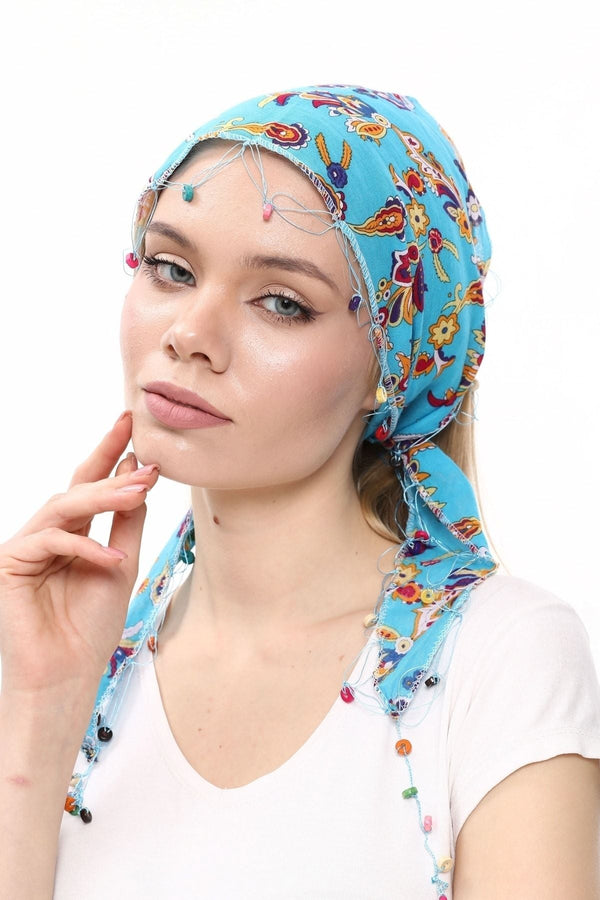 Boncuklu Fular Bandana Çiçek Desenli Mavi