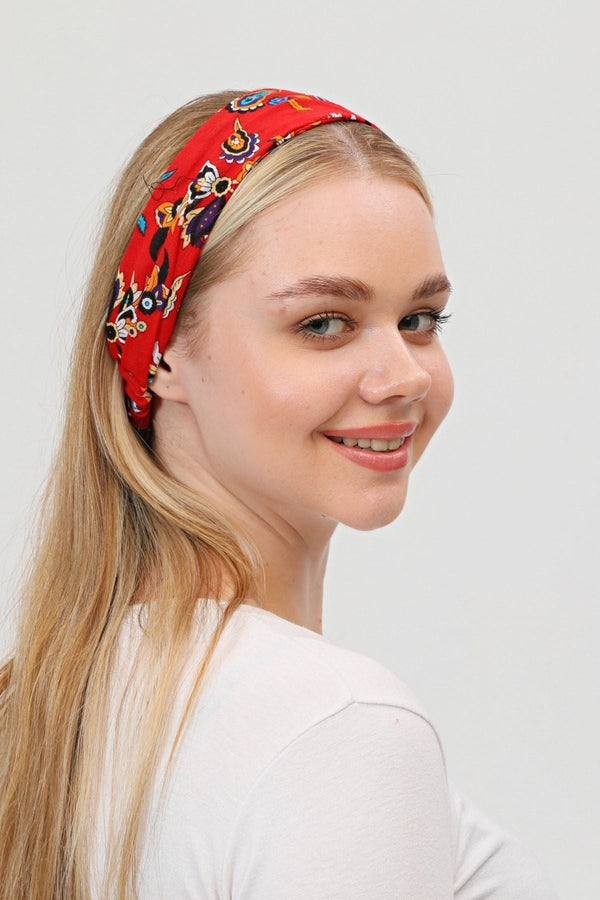 Bandana Çiçek Desenli BoncukluPamuklu Kumaş Paraşüt Lastikli Kırmızı