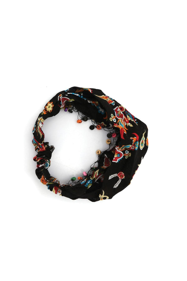 Bandana Çiçek Desenli BoncukluPamuklu Kumaş Paraşüt Lastikli Siyah