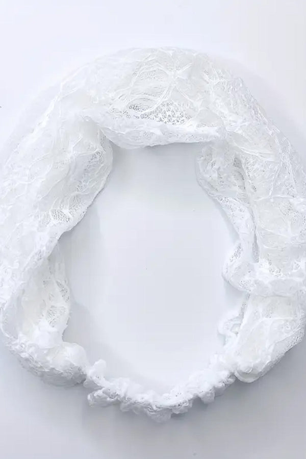 Dantelli Tül Saç Bandı Bandanası Bahar ve Yaz Boho Stili, Lastikli Esnek Plaj ve Seyahat Beyaz