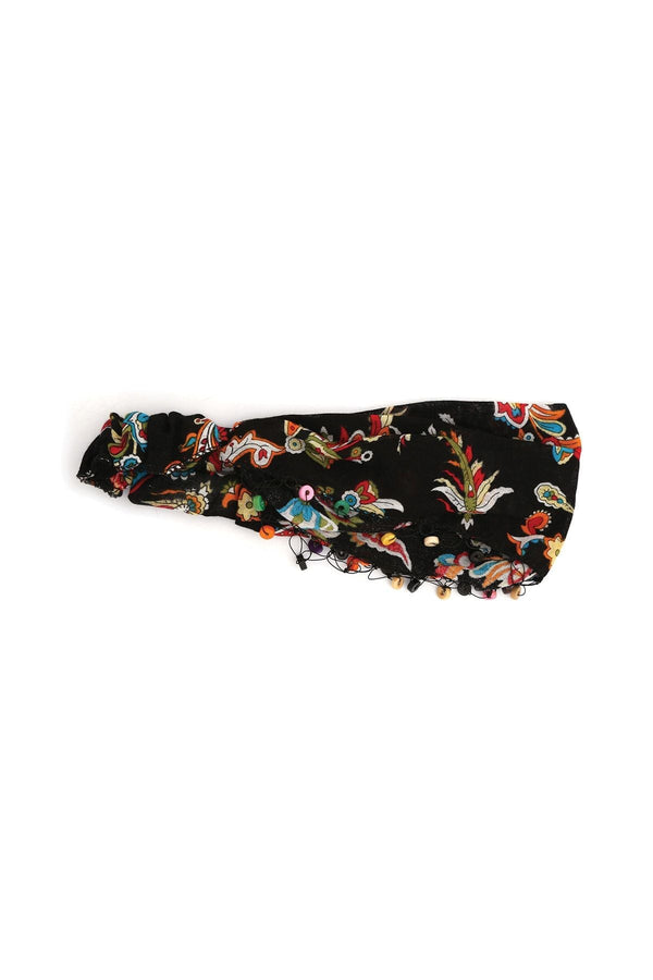 Bandana Çiçek Desenli BoncukluPamuklu Kumaş Paraşüt Lastikli Siyah