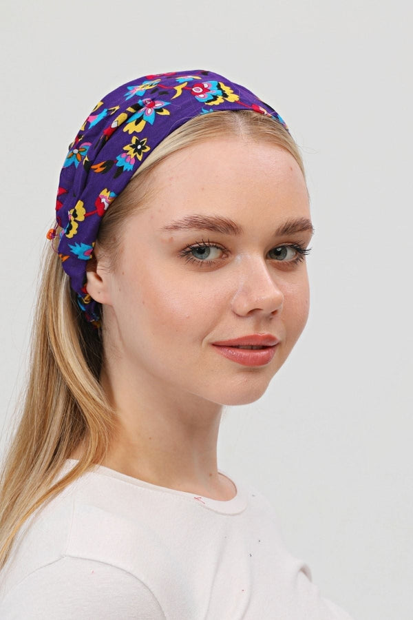 Bandana Çiçek Desenli BoncukluPamuklu Kumaş Paraşüt Lastikli Mor