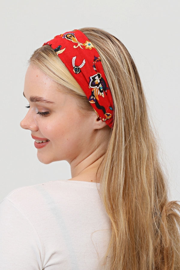 Bandana Çiçek Desenli BoncukluPamuklu Kumaş Paraşüt Lastikli Kırmızı