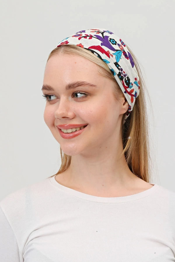 Bandana Çiçek Desenli BoncukluPamuklu Kumaş Paraşüt Lastikli Beyaz