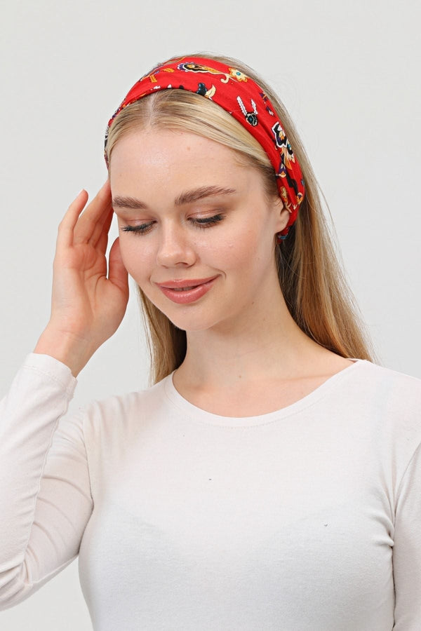 Bandana Çiçek Desenli BoncukluPamuklu Kumaş Paraşüt Lastikli Kırmızı