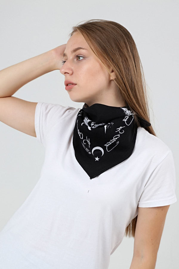 Atatürk Portre Ve Imzalı Bandana Fular Siyah Pamuklu