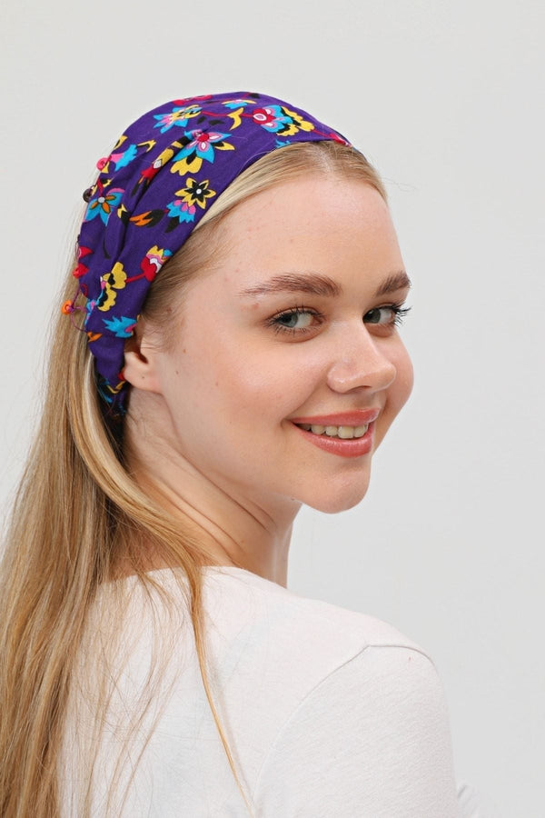 Bandana Çiçek Desenli BoncukluPamuklu Kumaş Paraşüt Lastikli Mor