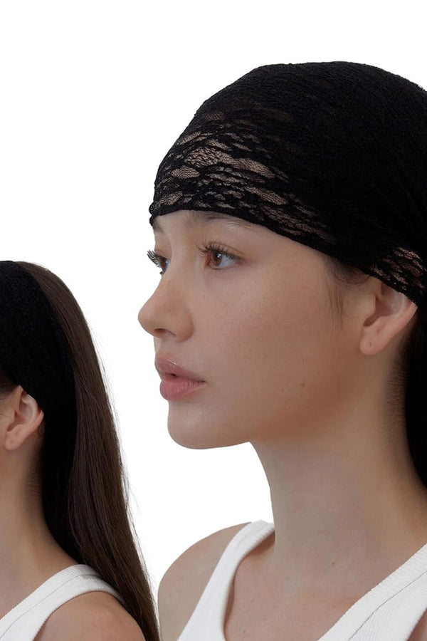 Dantelli Tül Saç Bandı Bandanası Bahar ve Yaz Boho Stili, Lastikli Esnek Plaj ve Seyahat Siyah