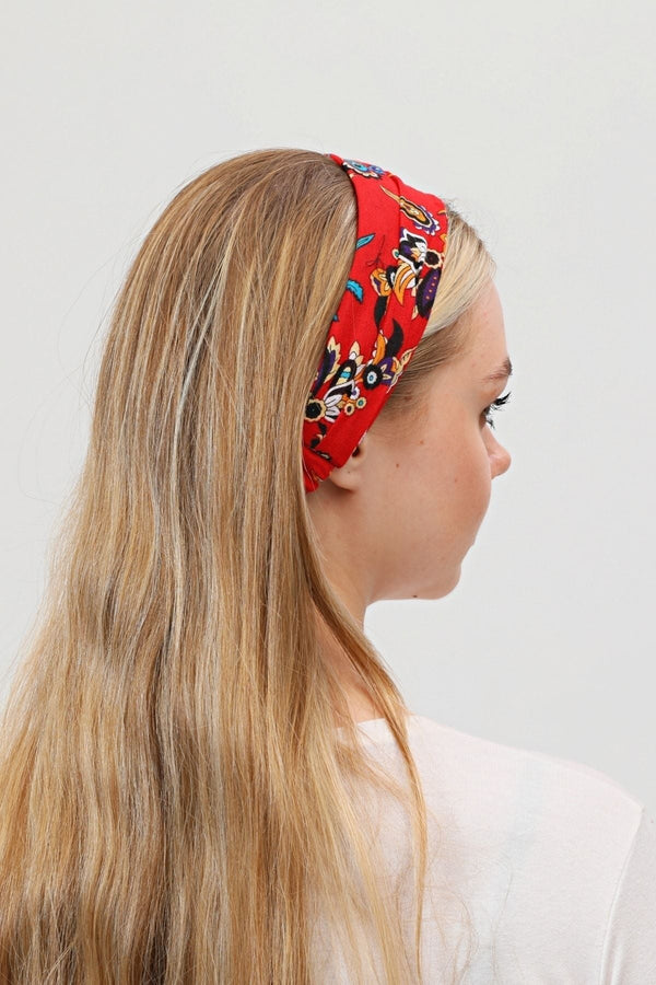 Bandana Çiçek Desenli BoncukluPamuklu Kumaş Paraşüt Lastikli Kırmızı