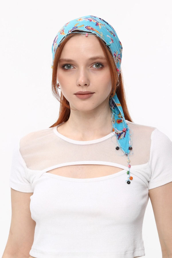 Boncuklu Fular Bandana Çiçek Desenli Mavi