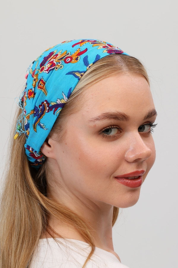 Bandana Çiçek Desenli BoncukluPamuklu Kumaş Paraşüt Lastikli Mavi