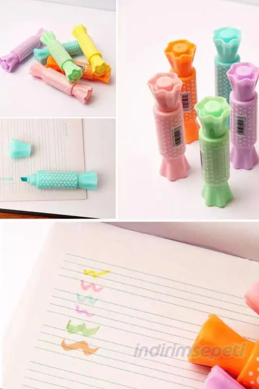 6 Adet Sevimli Taze Şeker Çantalı Çift Baş Kawaii Floresan Kalem Kanca Kalem Renkli