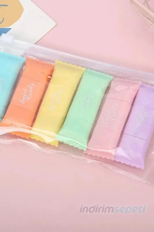 6'lı Fosforlu Kalem Şeker Kutu Özel Çantalı çift uçlu highlighter fosforlu