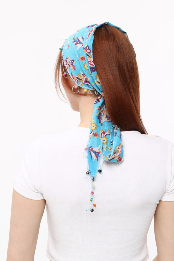Boncuklu Fular Bandana Çiçek Desenli Mavi
