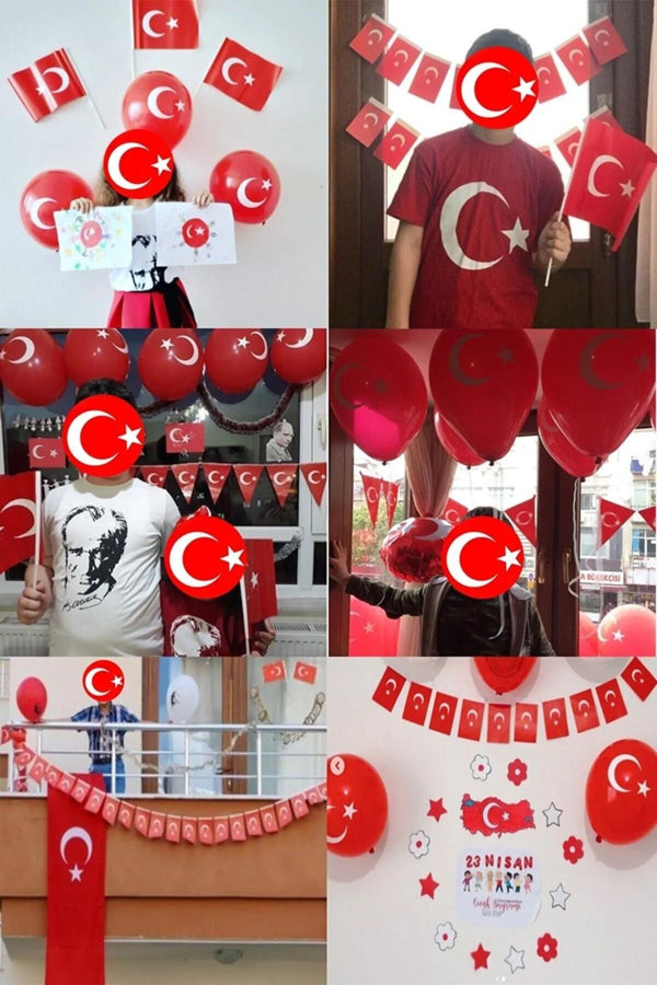 100 Adet Bayrak Ay yıldız Balon Türk Bayraklı Kırmızı Baskılı Balon 23 Nisan 19 Mayıs