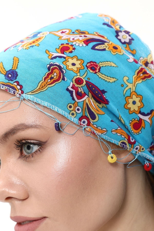 Boncuklu Fular Bandana Çiçek Desenli Mavi