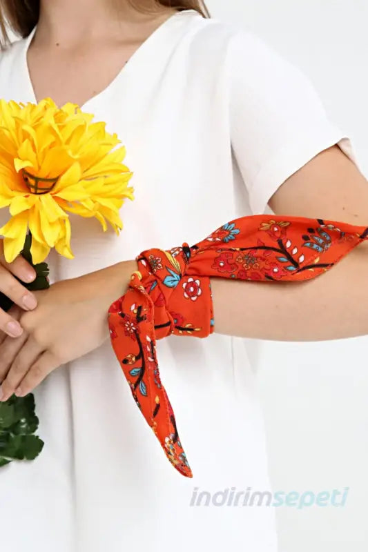 Bandana Çiçek Desenli %100 Pamuklu Saç Aksesuar Turuncu