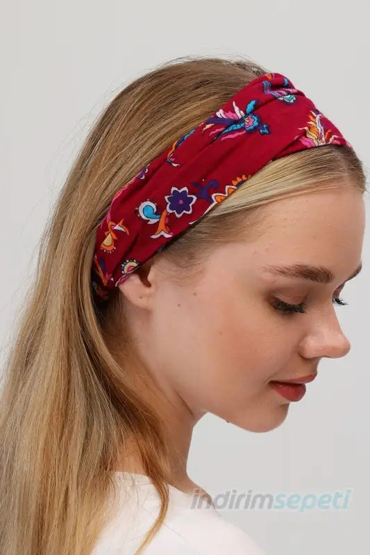 Boncuklu % 100 Pamuklu Kumaş Paraşüt Lastikli Bandana Saç Aksesuar Bordo