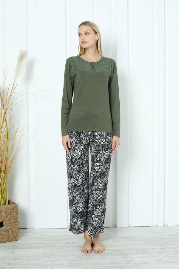 Çiçek Desenli Pijama Takımı Polyester viskon Erdeniz 0247