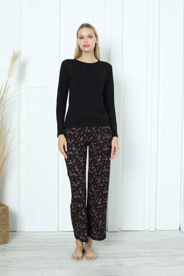 Çiçek Desenli Pijama Takımı Polyester viskon Erdeniz 0247