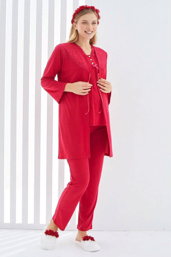 Güpürlü Sabahlıklı Lohusa 3 Parça Kısa Kollu Erdeniz 3402 Hamile Pijama Takımı
