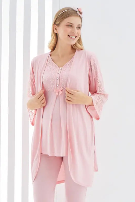 Somon Renk Dantel Detaylı 3lü Kısa Kol ve Sabahlıklı Erdeniz 3401 Hamile Pijama Takımı
