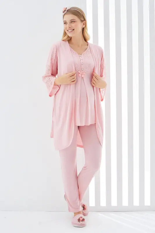 Somon Renk Dantel Detaylı 3lü Kısa Kol ve Sabahlıklı Erdeniz 3401 Hamile Pijama Takımı