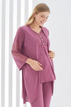 Mürdüm Renk Dantel Detaylı 3lü Kısa Kol ve Sabahlıklı Erdeniz 3401 Hamile Pijama Takımı