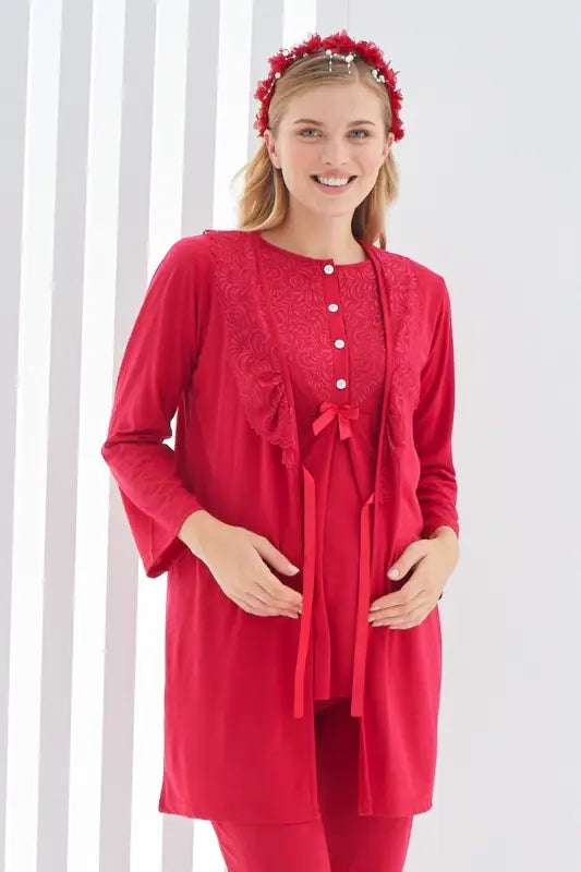 Sabahlıklı Erdeniz 3403 Hamile Pijama Takımı Kırmızı Bisiklet Yaka Dantelli 3lü Kısa Kol