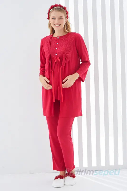 Sabahlıklı Erdeniz 3403 Hamile Pijama Takımı Kırmızı Bisiklet Yaka Dantelli 3lü Kısa Kol Kırmızı
