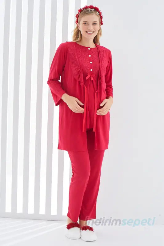 Sabahlıklı Erdeniz 3403 Hamile Pijama Takımı Kırmızı Bisiklet Yaka Dantelli 3lü Kısa Kol